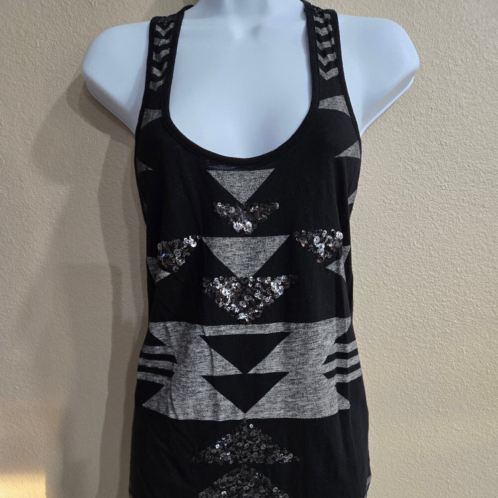 Express Black & Gray Sequin Geometric Lace Back Racerback Tank Size M